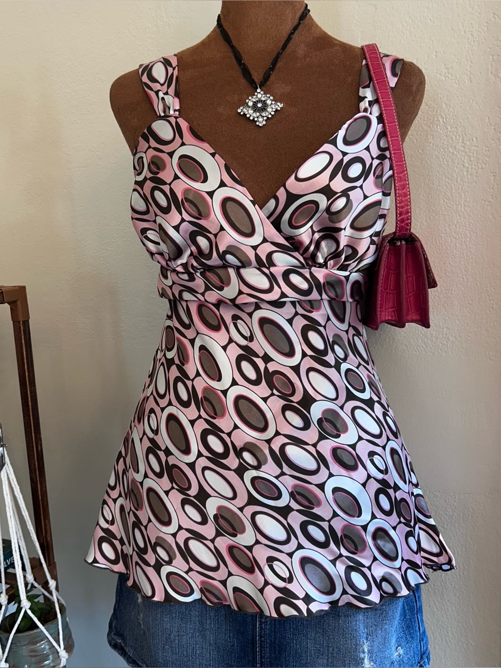 Vintage Y2K Coquette Pink + Brown Satin Babydoll Tie Back Tank Top by Iz Byer